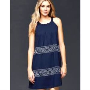 GAP Navy Pleated Slub Tank Dress with Embroidery Detail and Pockets Size Small